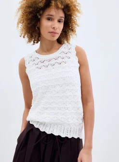 Scalloped trim openwork pure cotton sweater vest