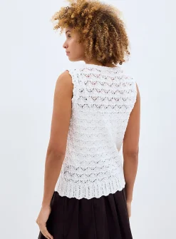 Scalloped trim openwork pure cotton sweater vest
