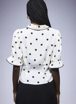 Scalloped-trim puff-sleeve blouse