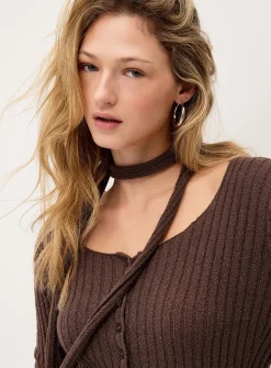 Scarfed rib-knit cardigan