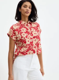 Scarlet garden cap-sleeve linen shirt