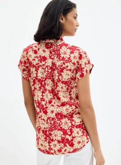 Scarlet garden cap-sleeve linen shirt