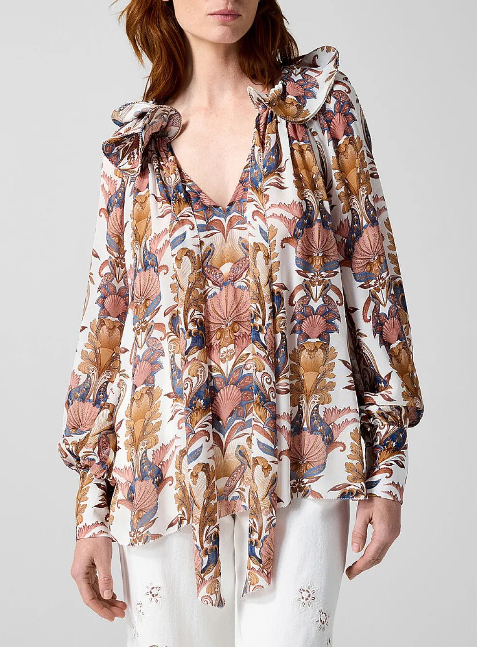 Sea Garden fluid ruffled print blouse