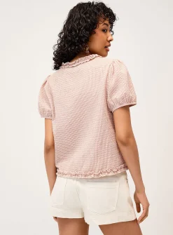 Seersucker puff-sleeve check shirt