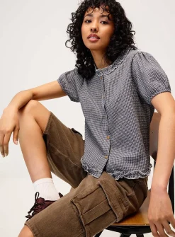Seersucker puff-sleeve check shirt
