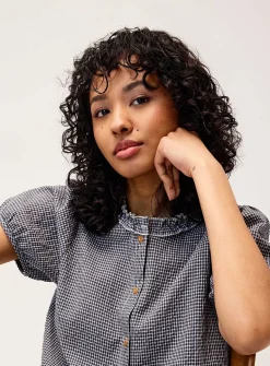 Seersucker puff-sleeve check shirt