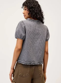 Seersucker puff-sleeve check shirt