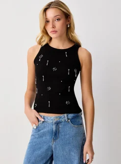 Sequined and crystals flowers cami