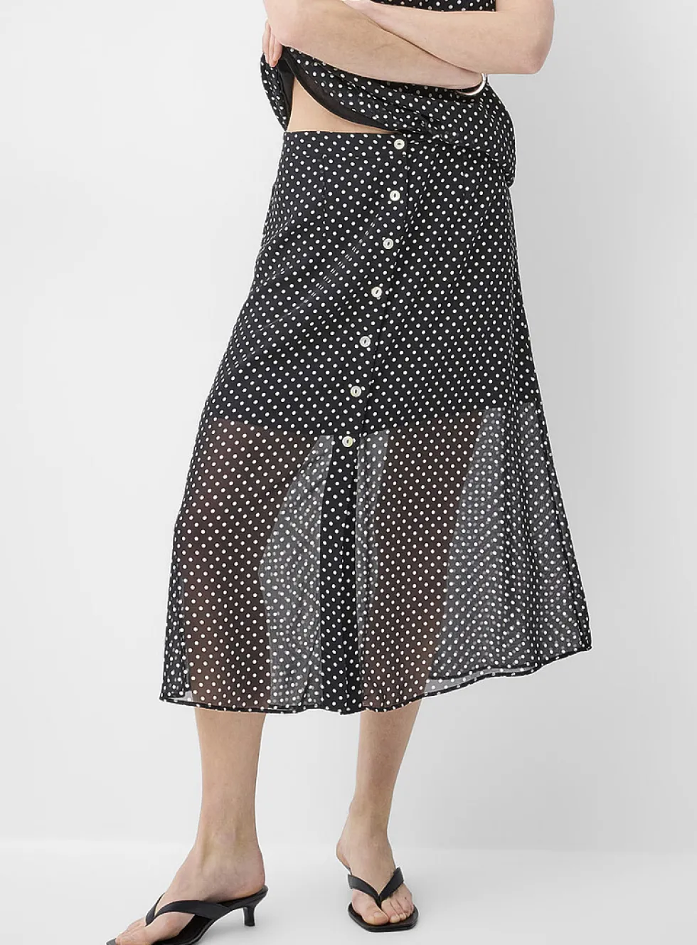Sheer chiffon button-front midi skirt