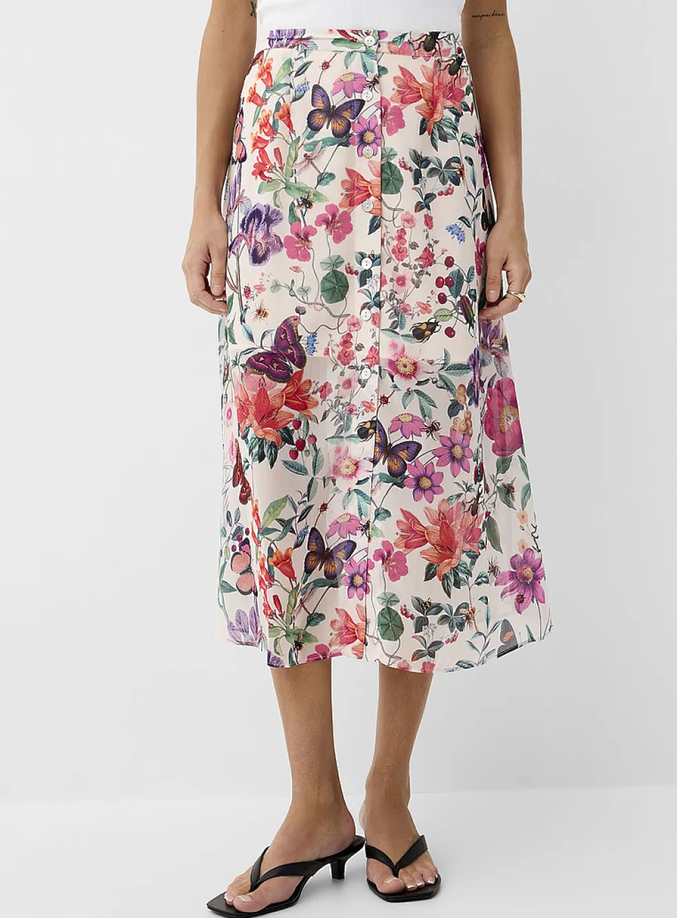 Sheer chiffon button-front midi skirt