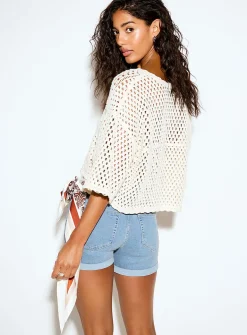 Short-sleeve cropped crocheted sweater