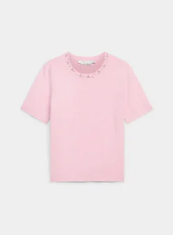 Short-sleeve jewel-collar sweater