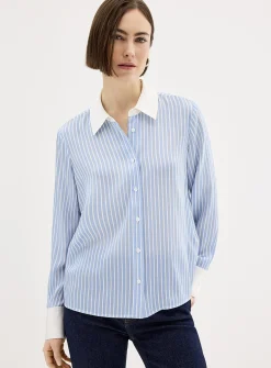Sky-blue striped pure silk shirt