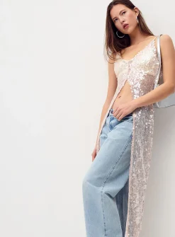 Slit sequined mesh long cami