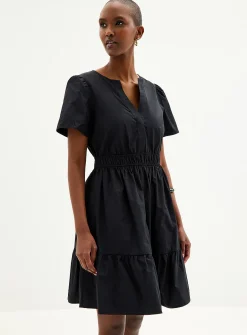 Slit-collar tiered poplin dress