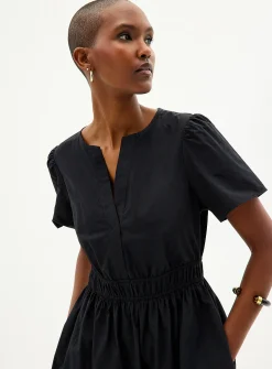 Slit-collar tiered poplin dress