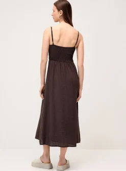 Smocked bust linen-blend midi dress