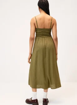 Smocked bust linen-blend midi dress