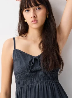 Smocked bust linen-blend midi dress