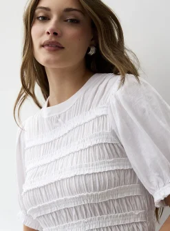 Smocked cropped puff-sleeve T-shirt