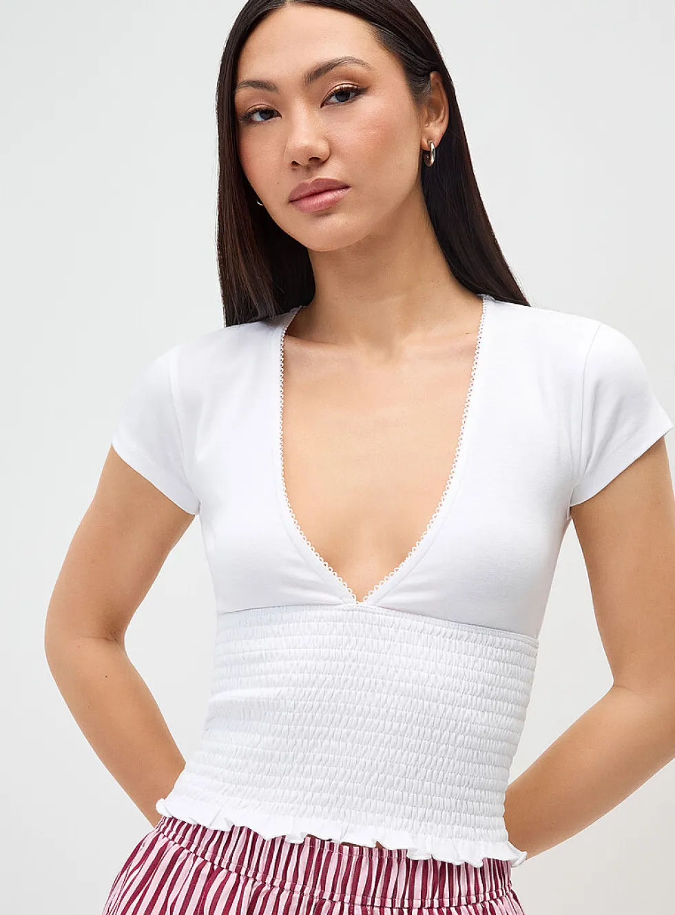 Smocked V-neck T-shirt