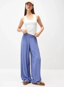 Smocked-waist crinkled-finish pant