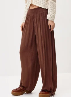 Smocked-waist crinkled-finish pant