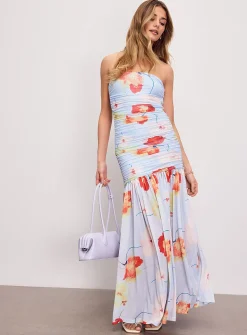 Solana floral micromesh long draped dress