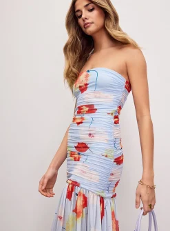 Solana floral micromesh long draped dress