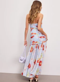 Solana floral micromesh long draped dress