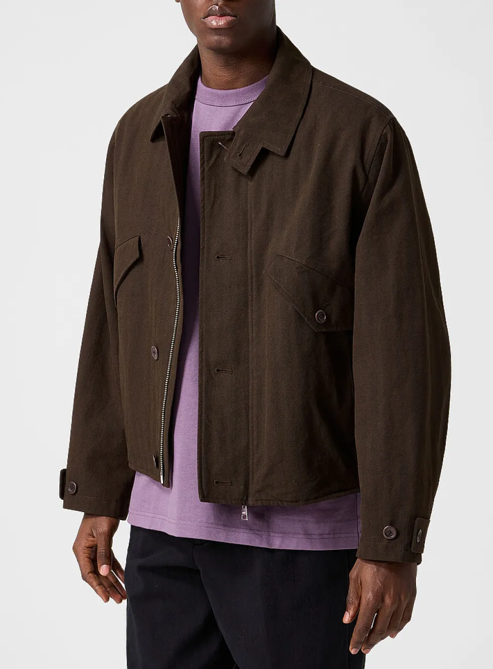Stand-collar chevron twill jacket