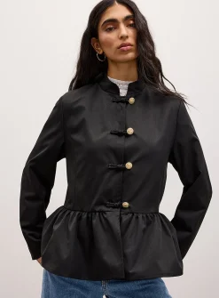 Stand-collar peplum twill jacket