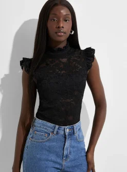 Stretch lace ruffled collar bodysuit