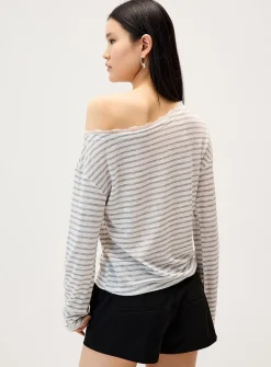 Striped lace-trim boat-neck T-shirt