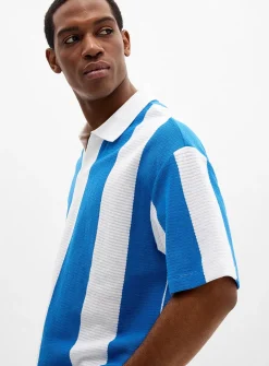 Striped openwork jersey Johnny-collar polo