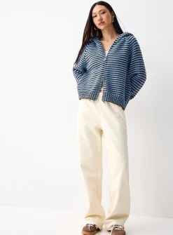 Striped zippered hooded cardigan