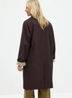 Striped-lining shirt-collar mid-length trench coat