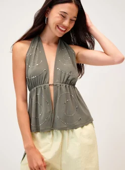 Studded open halter cami