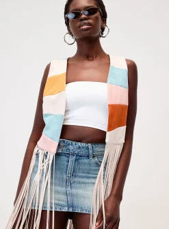 Suede colour-block fringed vest
