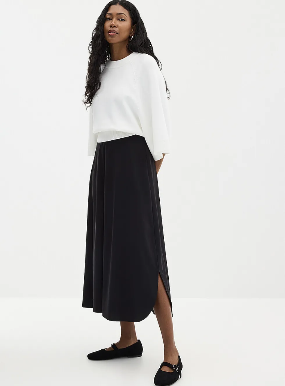 Technical fabric flared maxi skirt