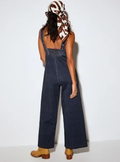 Terry underside denim effect gathered-bust jumpsuit