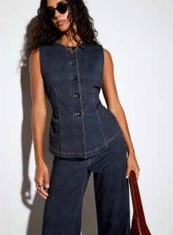 Terry underside faux-denim cinched waist vest