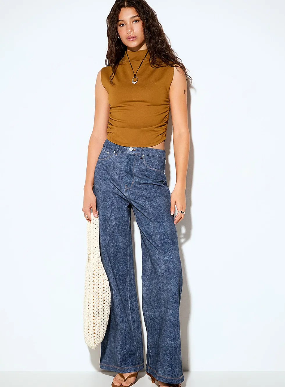 Terry underside faux-denim wide-leg pant