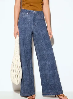 Terry underside faux-denim wide-leg pant