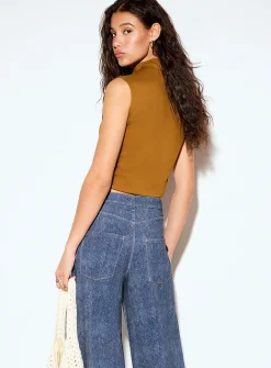 Terry underside faux-denim wide-leg pant