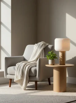 Textured shade maple wood table lamp