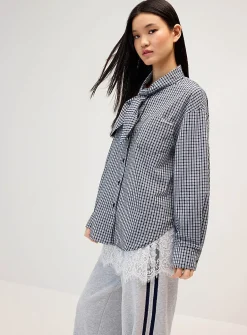 Tie-ribbon collar checkered poplin shirt