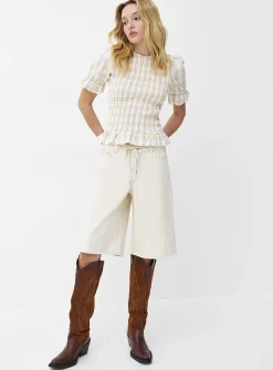 Touch of linen puff-sleeve smocked blouse
