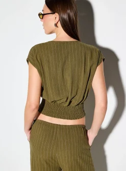 Touch-of-linen plunging crossover blouse