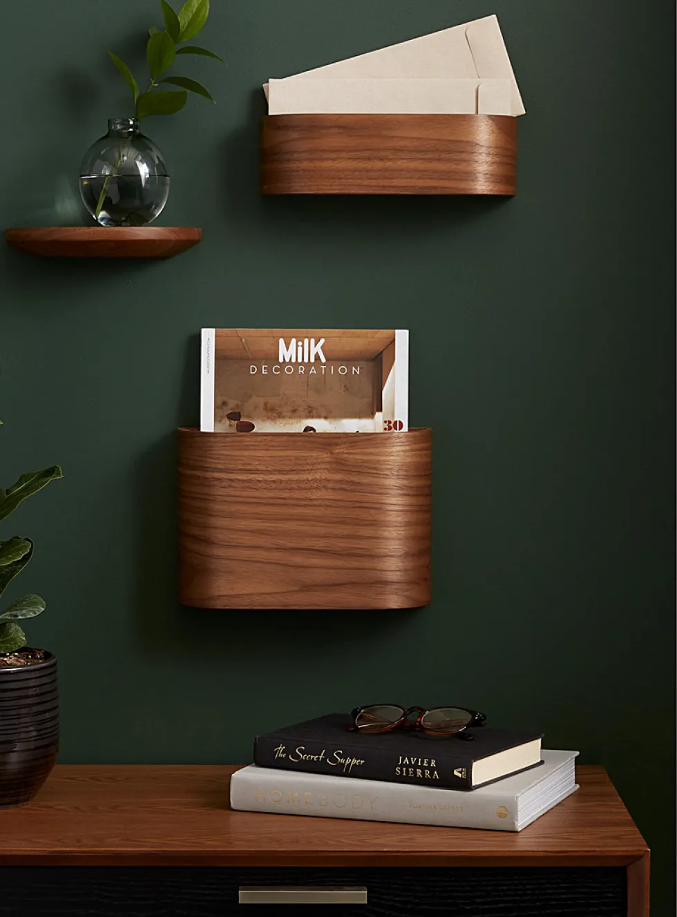 Walnut wall magazine holder